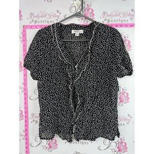 Gelco tshirt button up dots Black White Polka Dot Ruffle Front Short Sleeve Top